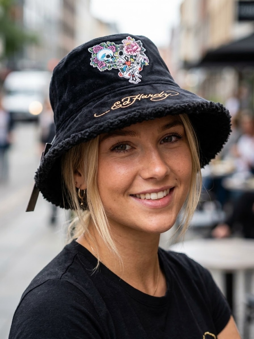 Ed Hardy Black Embroidered Bucket Hat, NWT